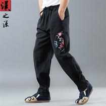 Chinese style mens vintage print casual pants elastic waist small feet casual mens pants linen trousers loose Haren pants