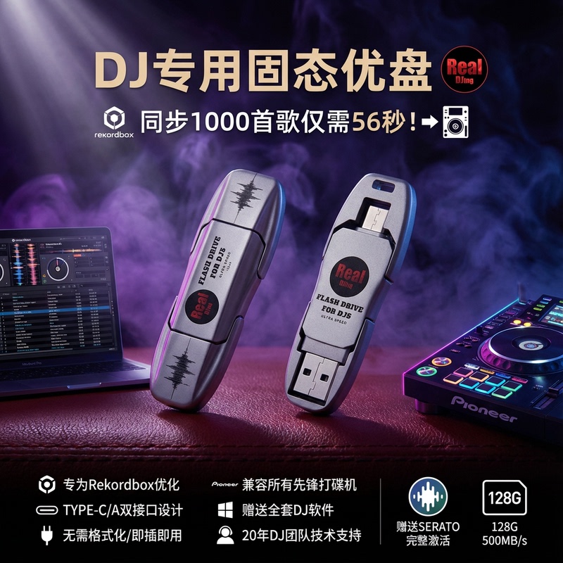 Realdj Second Generation Dj Solid-State USB Flash Drive with Type-C Dual Interface, Comes with Serato Activation