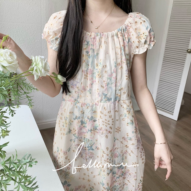 Monet's back garden embroidered printed neck round sweet slimming short-sleeved dress summer