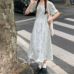 Very slim waisted pen letter floral square neck dress summer vacation princess dress