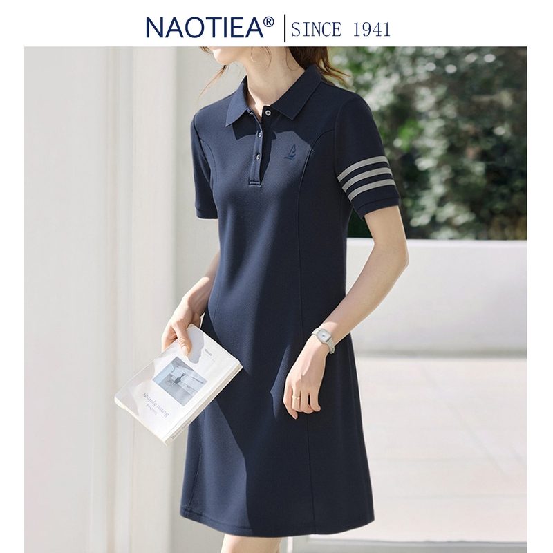 Naotier Small Sailboat Polo Collar Dress for Women 2026 Summer New A-Line Dress Slimming Mid-Length T-Shirt Dress