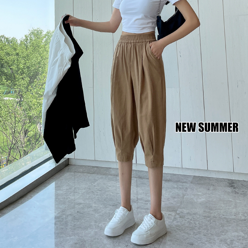 Khaki Ice Silk Capri Pants for Women, 2026 Summer Thin Eight-Point Trousers, Casual Lantern Pants, Harem Carrot Pants