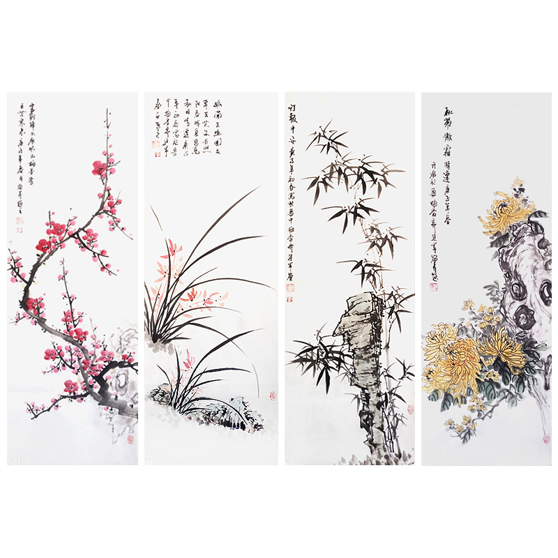 Chinese painting freehand ink flower and bird painting calligraphy and painting works four gentlemen four screens study celebrity pure hand-painted plum, orchid, bamboo and chrysanthemum