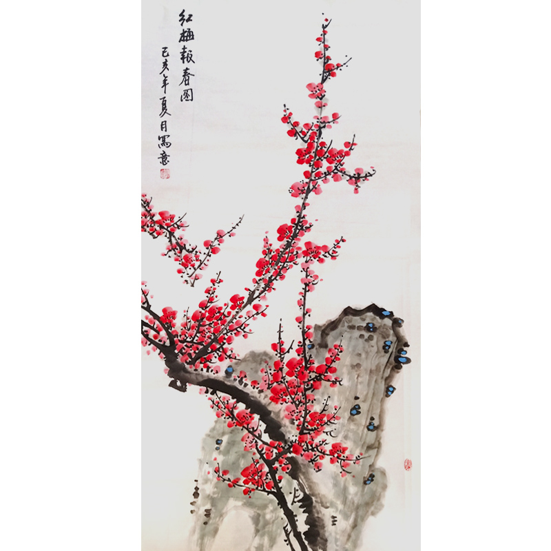 Pure handmade country painting plum-shaped painting and calligraphy and painting and calligraphy and painting and calligraphy flower and bird ink and ink painting work