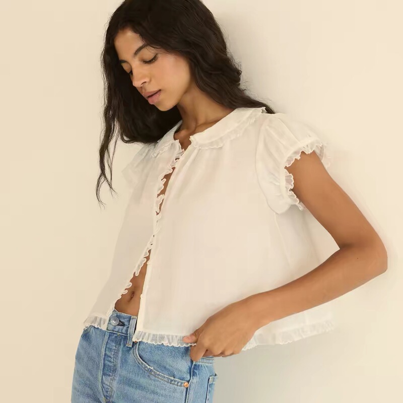 Ava LAOSHU Ramie Doll Collar Short-Sleeved Embroidered Lace Shirt