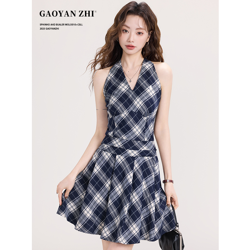 Gao Yanzhi American Retro Style Hot Girl V-Neck Plaid Short Halter Dress for Women, Summer Waist-Cinching Slimming Plaid Dress