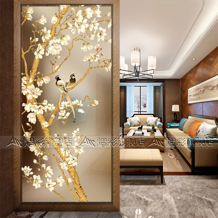 Modern art glass TV background wall Entrance screen partition sliding door Light transmittance process double-sided effect Magnolia
