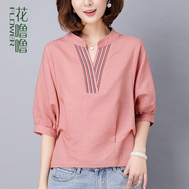 Cotton linen blouse Women 2022 New summer half sleeves Loose Casual Mid-Aged Women's Hemp Short Sleeve T-shirt