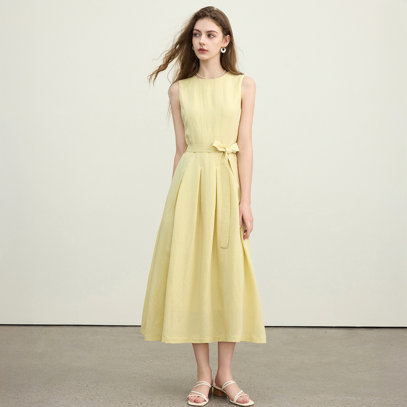 Lyocell Tencel Linen 2026 New Yellow Sleeveless Dress Women's Summer French Style Tie Mid-Length Tank Dress