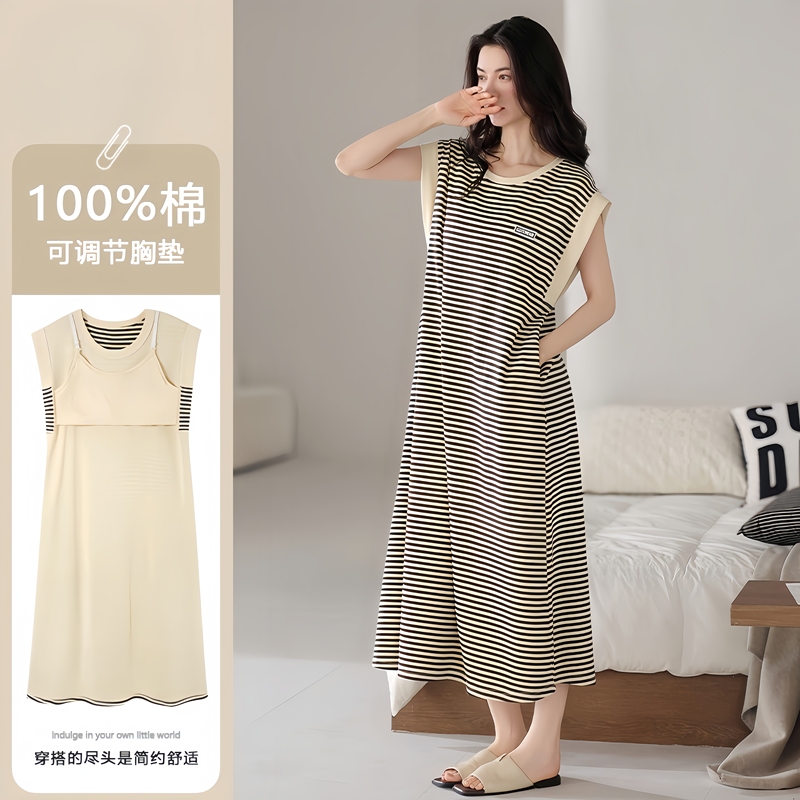 Herbal Xizi Nightgown for Women, New Summer Style, Pure Cotton, Breathable, Sleeveless, Mid-Length Loungewear, Pajamas with Built-In Chest Pad