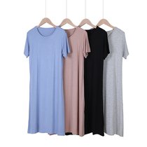 Womens new home wear nightgown short sleeve long modal loose size dress round neck solid color