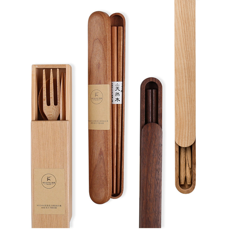 Japan-style Wooden Cutlery Box Suit Chopsticks Spoon Fork Three-piece Portable Suit Black Walnuts Wood Cherry Wood Solid Wood Box