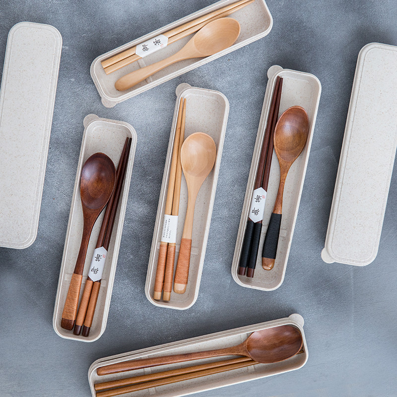 Wood Chopstick Spoon Cutlery Sets Travel Portable Boxed Daily Tangle Wire Chopsticks Spoon Wheat Fiber Cutlery Box