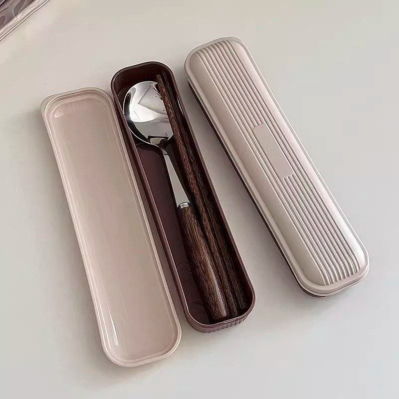 ins Korean Solid Wood Chopsticks and Spoon Set with Portable Storage Box, Vintage High-End Feel, for One Person, Students, Office Workers