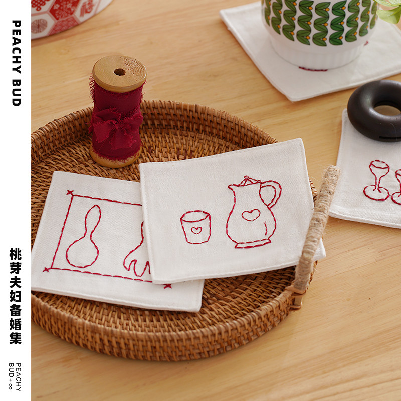 Tikyin Little Red Book Peach Couple ) Three meals four seasons Japanese cotton cup mat new wedding gift Wedding kitchen dorm