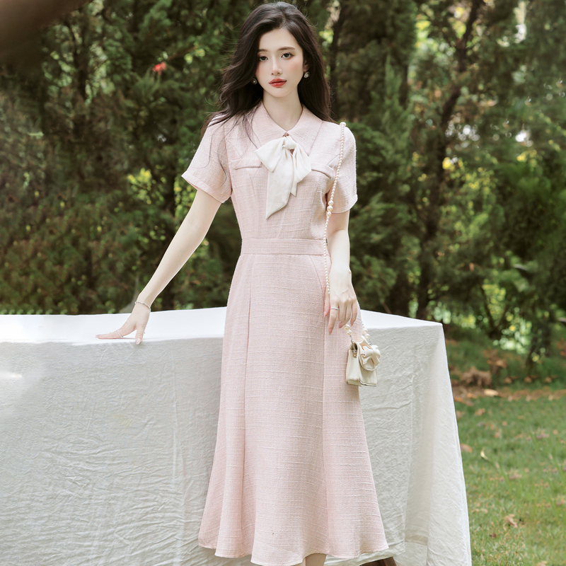 Ladylike Pink Bow Dress for Women 2026 Summer New Style Sweet and Elegant Slim Fit Mid-Length Dress