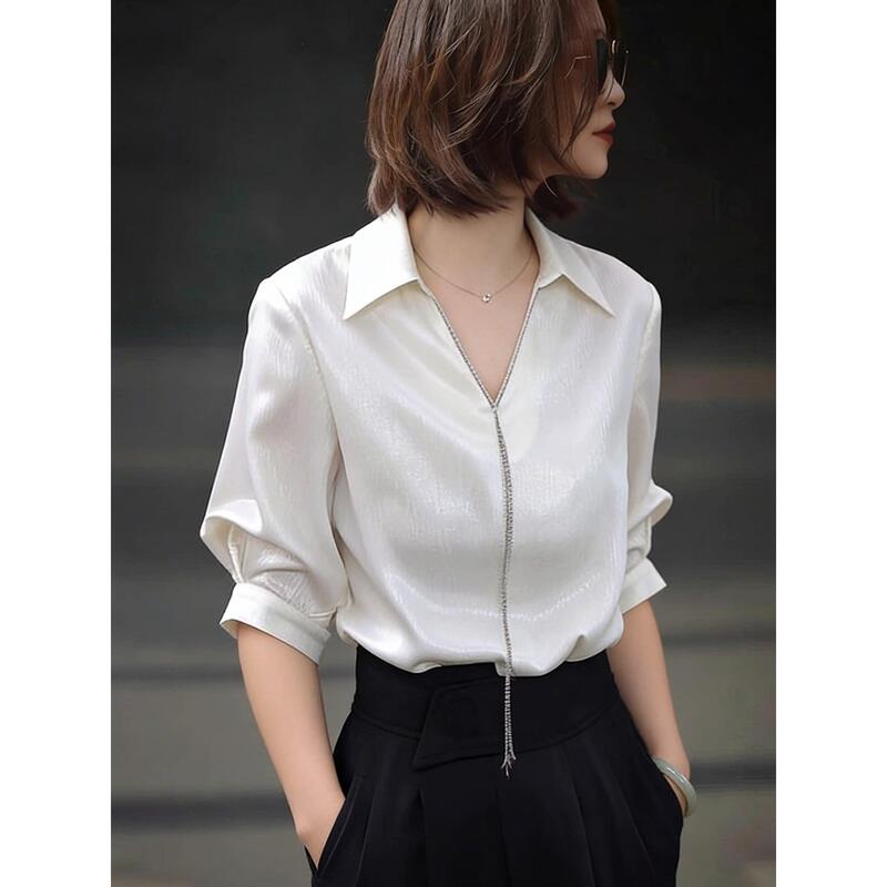 Spyb French-Style White V-Neck Short-Sleeve Shirt for Women, New Spring and Autumn Model, Light Luxury, High-End Feel, Age-Reducing Acetate Satin Top