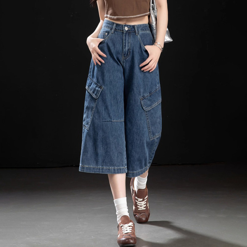 Spyb Workwear Denim Shorts for Women, Summer High-Waisted Loose Thin Style, Slimming Versatile Straight Wide-Leg Pants