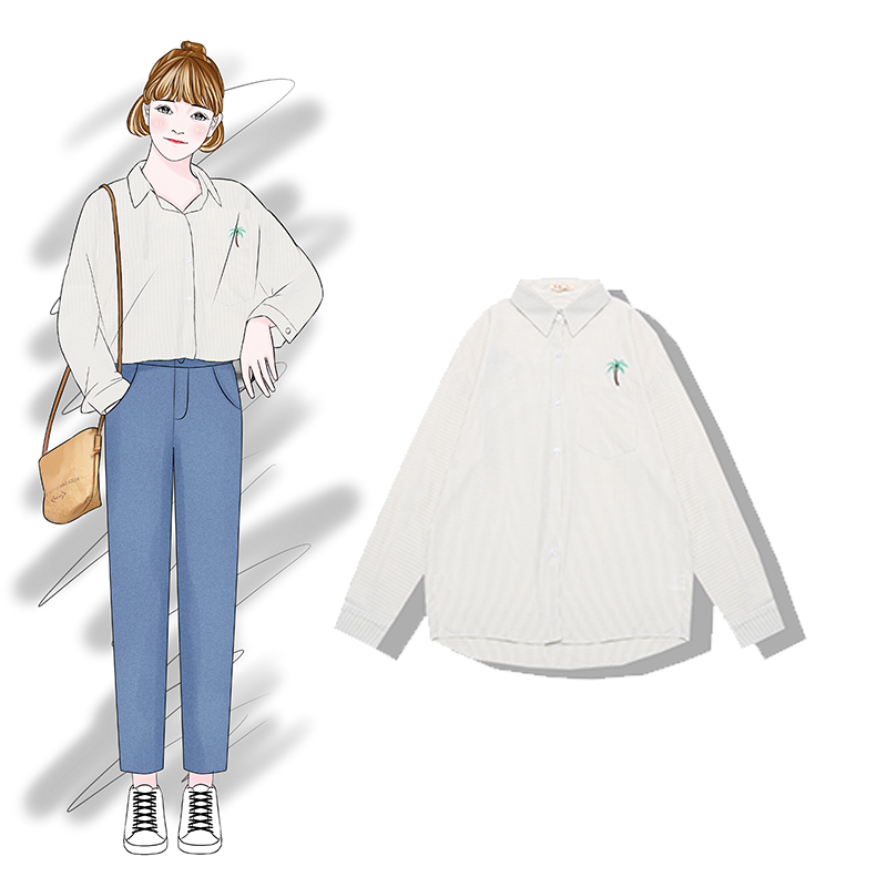 Banana Banana Autumn 2018 New Korea College Wind Loose Polo Collar Áo thêu sọc dừa áo sơ mi nữ tay ngắn