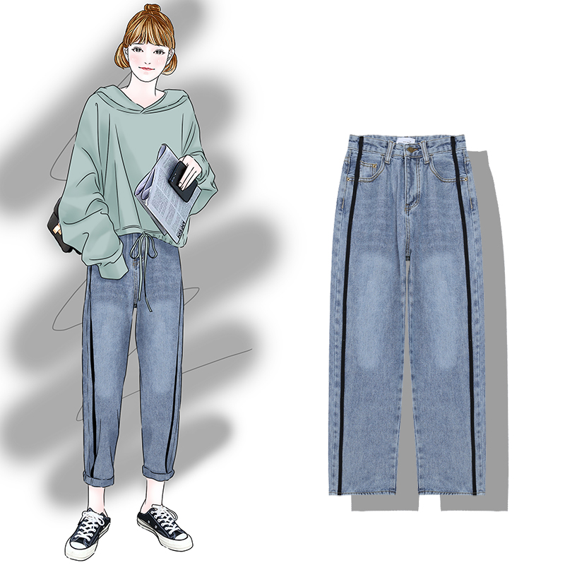 Banana Banana 2018 Autumn New Side sọc dọc ruy băng giặt quần denim thẳng quần jean ống bó