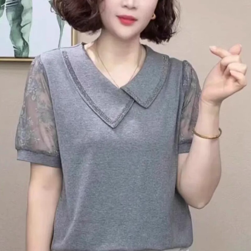 Rhinestone Doll Collar Lace Short-Sleeved Top for Women, New Summer Style, Loose Fit, Slimming, Covers the Body, Mother's Wear, Elegant Blouse