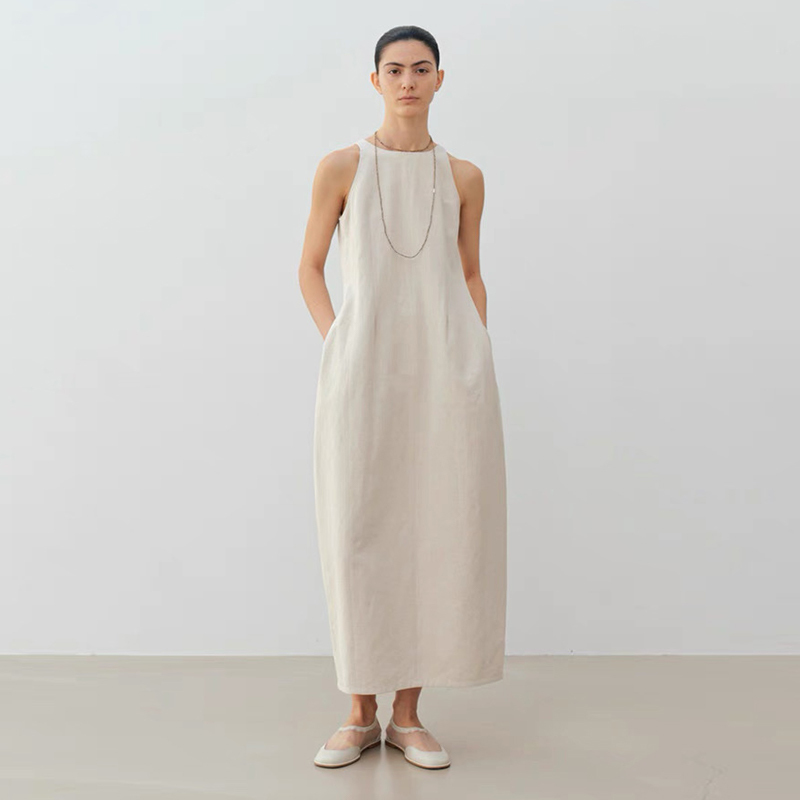 Facade Pattern Dress Women's Spring and Summer New Elegant Sleeveless Waist Slimming Look Linen Back Slit Long Skirt