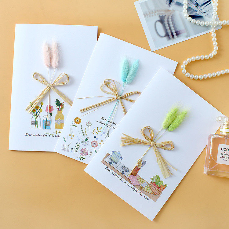 Creative Art and Art Xiaoqing San Tin Garden Color Rabbit Tail Grass Greeting Cards Solid Dry Flowers Blessings Cards Paper Korea-Taobao