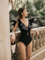  Hot spring bathing suit female super fairy one-piece black thin belly cover small chest gathered ruffle beach vacation bikini