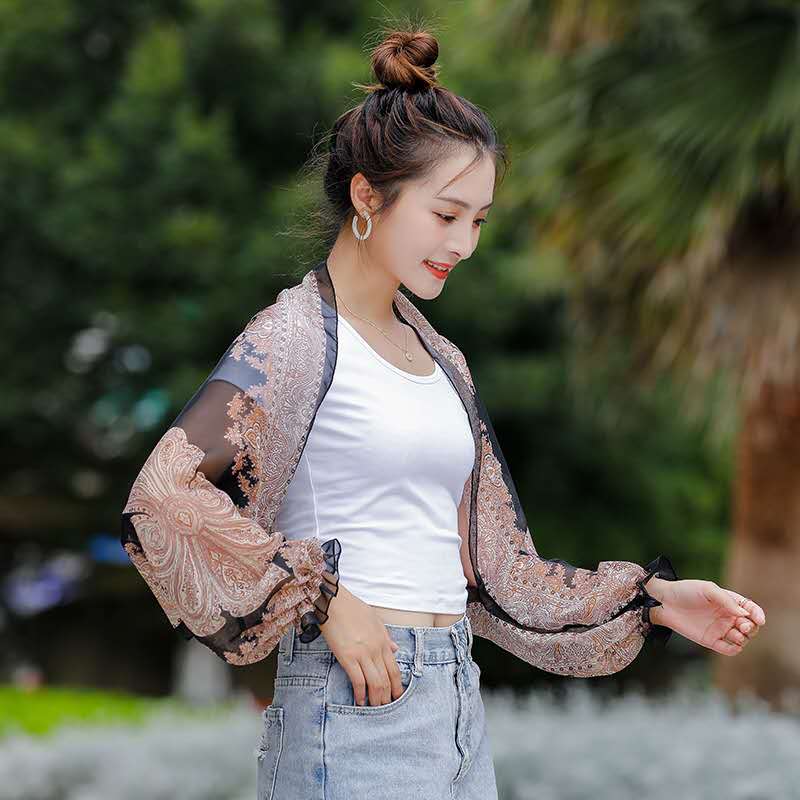 Outdoor driving riding sun protection clothing chiffon printing cashew shawl anti-UV sleeve air conditioner multi-purpose scarf female