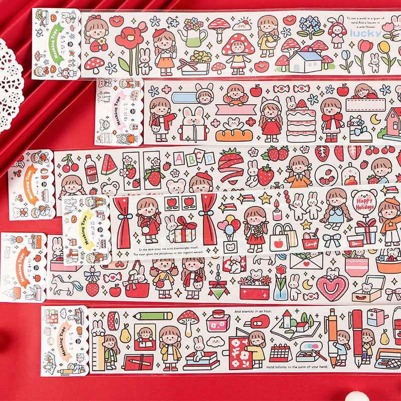 Infeel me cute cartoon strip and paper tape girl sharing outfit character material hand account collage