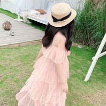 Girl dress summer Korean version of strapless foreign gauze skirt girl Super fairy puffy dress cake princess dress