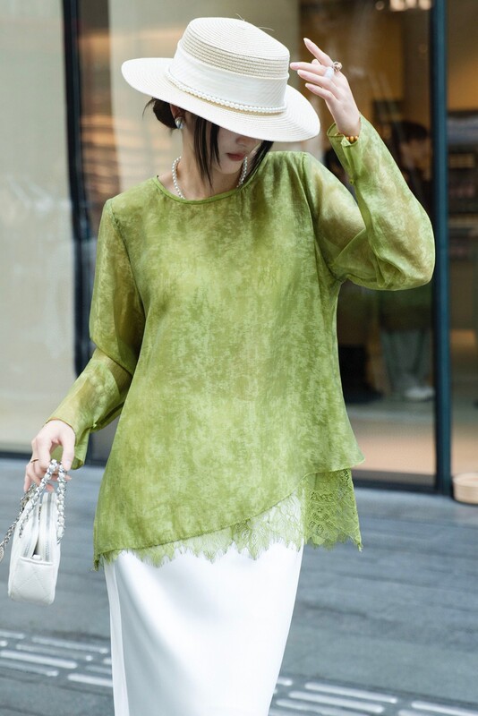 Shenzhen Nanyou 2026 Spring New Style Elegant Niche Tencel Spliced Lace Dark Pattern Top Sunscreen Shirt Cover-Up