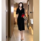 French temperament waist thin v-neck splicing dress women's summer new retro elegant lady style mid-length skirt