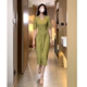 French temperament waist thin v-neck splicing dress women's summer new retro elegant lady style mid-length skirt