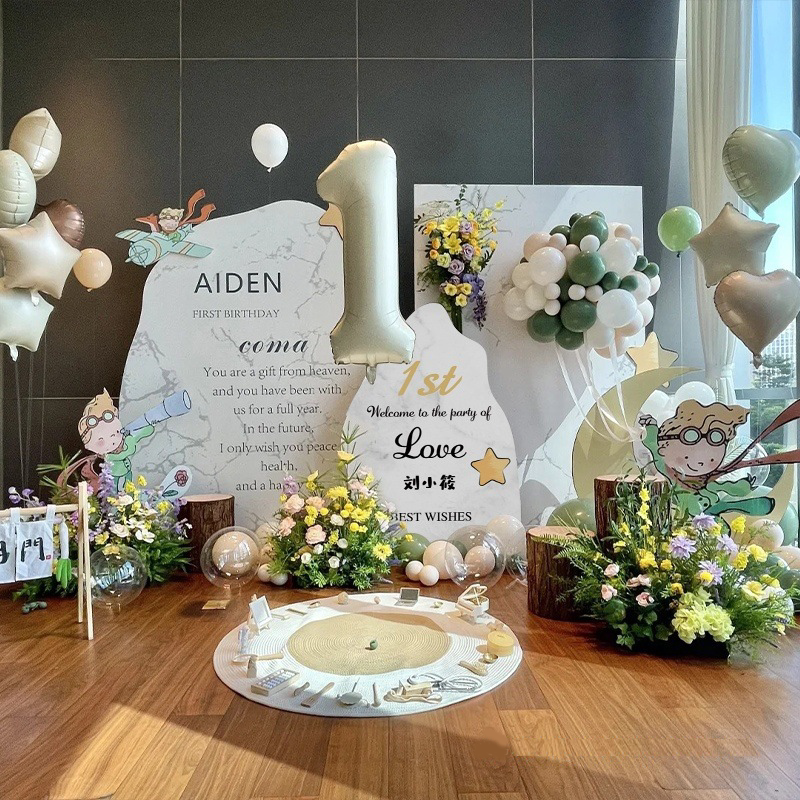 Korean Style ins Children's Birthday Decoration Balloons for Boys and Girls, Baby's First Birthday Scene Setup, Kt Board Background Wall