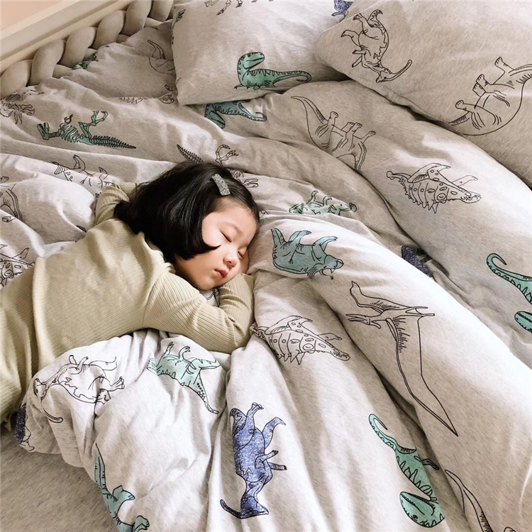Trẻ em bé khủng long mô hình bông đan bông giường Tianzhu giường bông gia đình lanh bốn đôi Mikasa - Bộ đồ giường bốn mảnh bộ chăn ga gối lụa satin