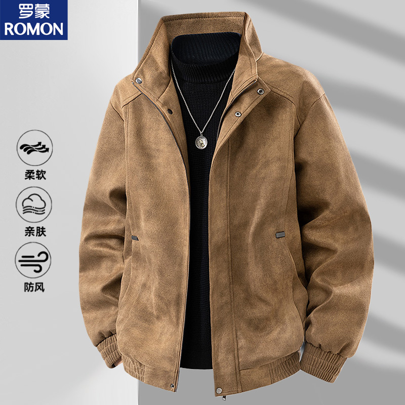 Romon High-End Suede Jacket for Men, Spring Stand-Up Collar Coat, 2026 Spring New Vintage Workwear Jacket