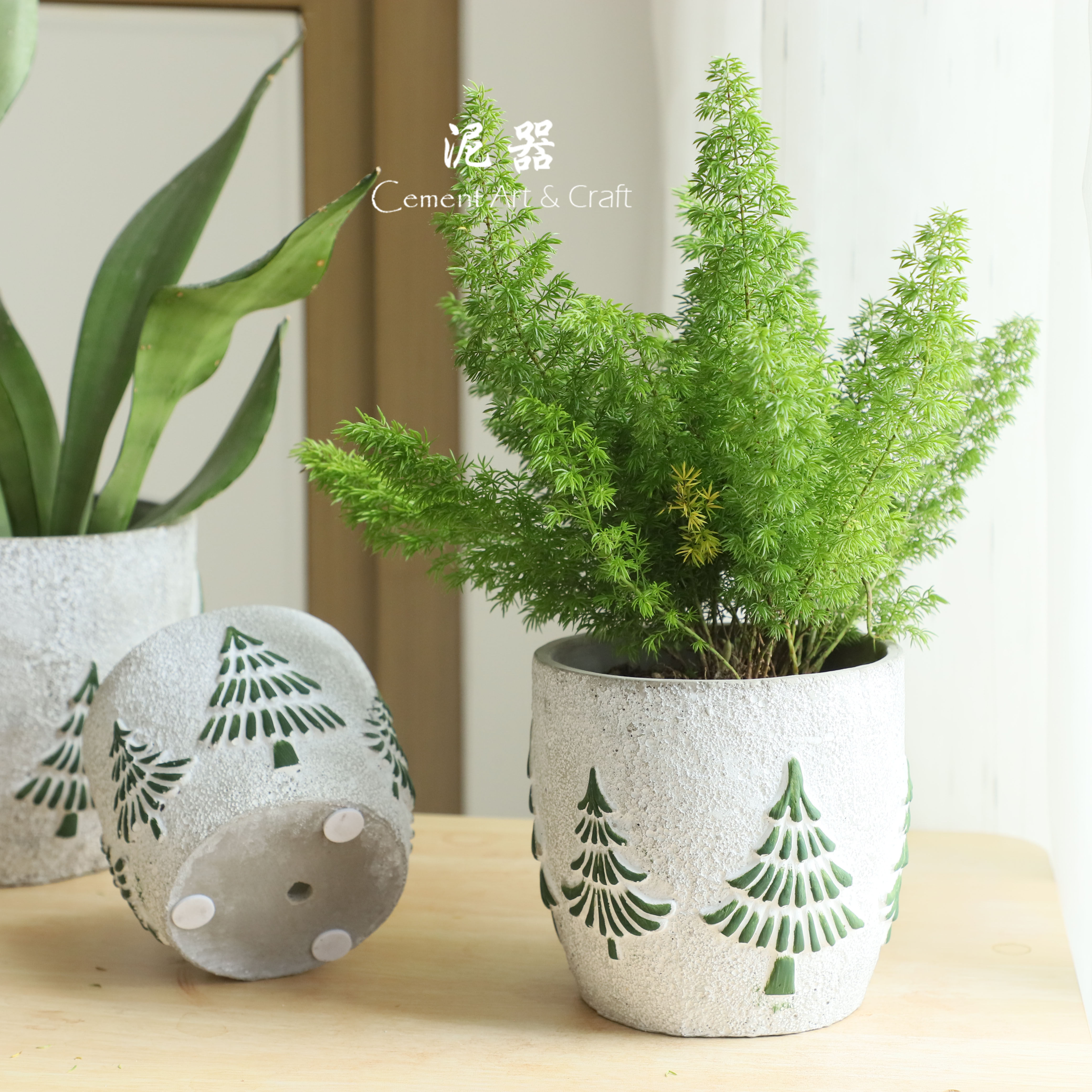Clay Ware Creative Relief Small Tree Nordic Christmas Wind Breathable Round Cement Flowerpots Literary small frescoed desktop balcony-Taobao
