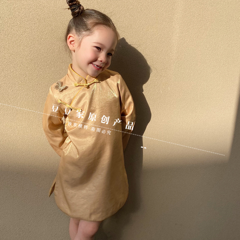 Bean-bean home Original girl's small qipao Chinese style Breeze Autumn Qipao Qipao Skirt 2022 Chun Children's Guzheng Out of Costume