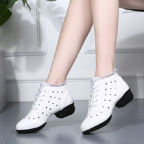 Dance square dance womens shoes hollow leather 2021 spring and summer dance shoes white shoes womens medium heel soft-soled sailor dance shoes