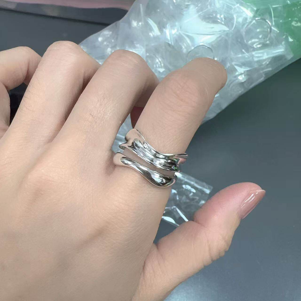 Zichan S925 Silver Geometric Wave Open Ring for Women