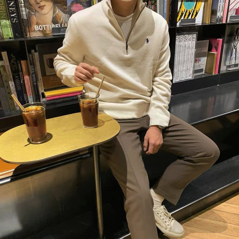 Paul Slim-Fit Half-Zip Collar Men's Long-Sleeve Knit Sweater for Spring and Autumn, Polo Pure Cotton Pullover Base Sweater