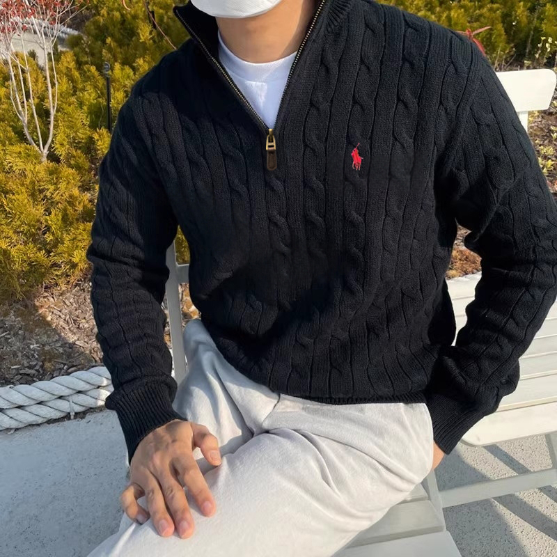 American Casual Thick Cable Knit Men's Polo Half-Zip Loose Knit Sweater Pullover for Autumn and Winter