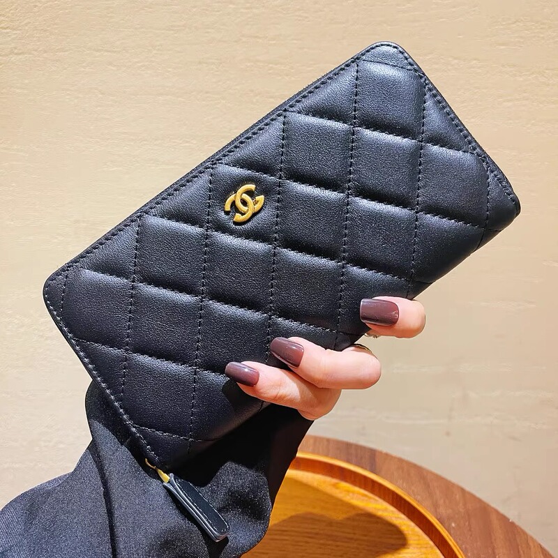 Genuine Leather Quilted Long Wallet for Women, Chanel-Style Caviar Wallet with Multiple Card Slots, Passport and Document Organizer, Phone Bag