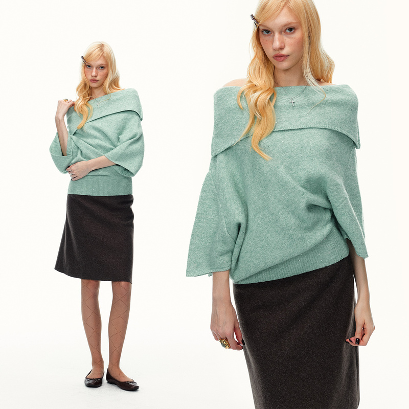 4Muggle 【Same Style as Pu Yanyan】 Wool and Gold Thread Blended Off-Shoulder Sweater for Women, Autumn Off-Shoulder Top