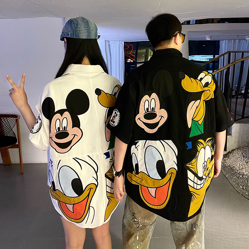 Four-Square Grid Donald Duck Mickey Embroidered Color-Block Short-Sleeve Shirt for Men and Women, Summer Loose Retro Couple Trendy Brand Shirt Four-Square Grid Donald Duck Mickey Embroidered Color-Block Short-Sleeve Shirt for Men and Women, Summer Loose Retro Couple Trendy Brand Shirt