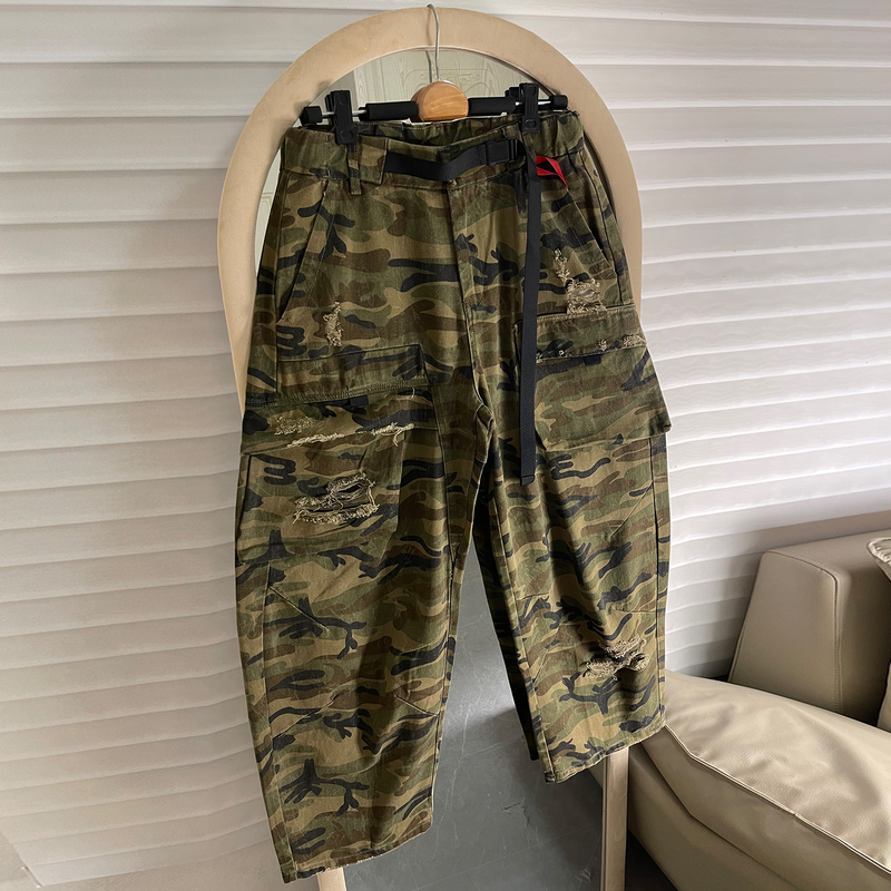 Paris Style Ripped Multi-Pocket Camouflage Cargo Pants Men's American Trendy Brand Loose Straight Wide-Leg Scimitar Jeans