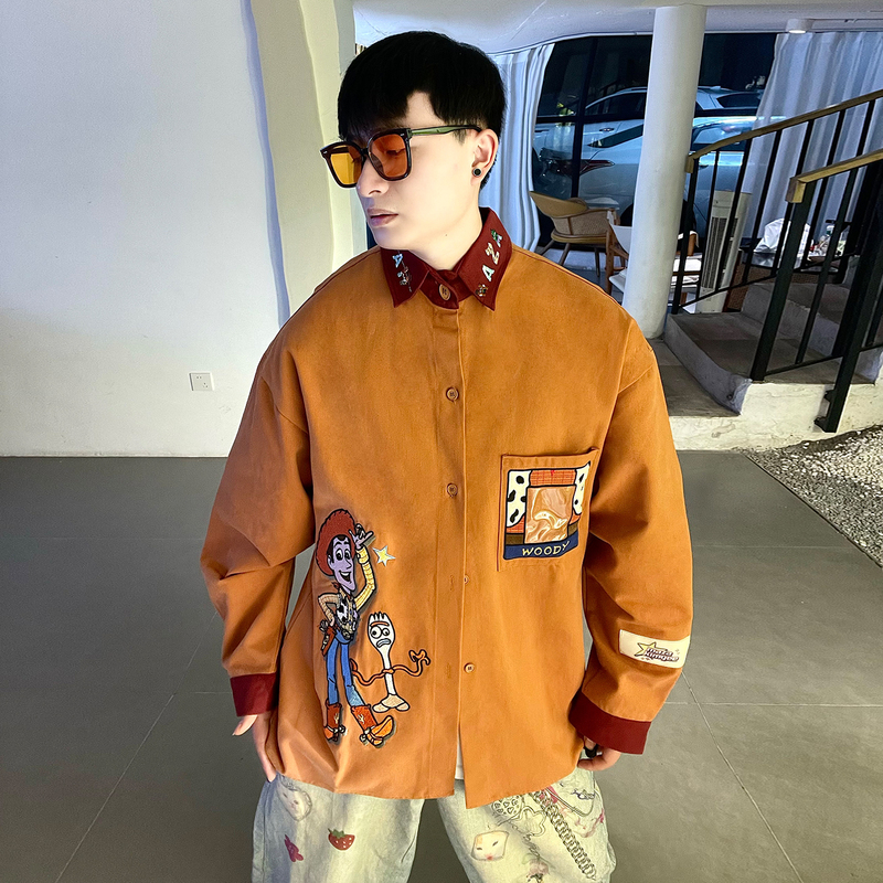 Toy Story Woody Embroidered Long-Sleeved Shirt for Men and Women, Autumn American Retro Loose Couple Shirt Jacket Trendy