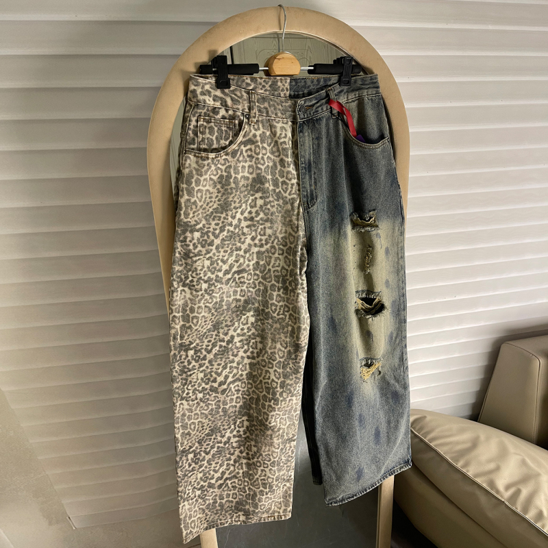 Paris-Style Heavy-Duty Leopard Print Patchwork Ripped Jeans for Men and Women, American Retro Distressed Loose Wide-Leg Floor-Length Pants Paris-Style Heavy-Duty Leopard Print Patchwork Ripped Jeans for Men and Women, American Retro Distressed Loose Wide-Leg Floor-Length Pants