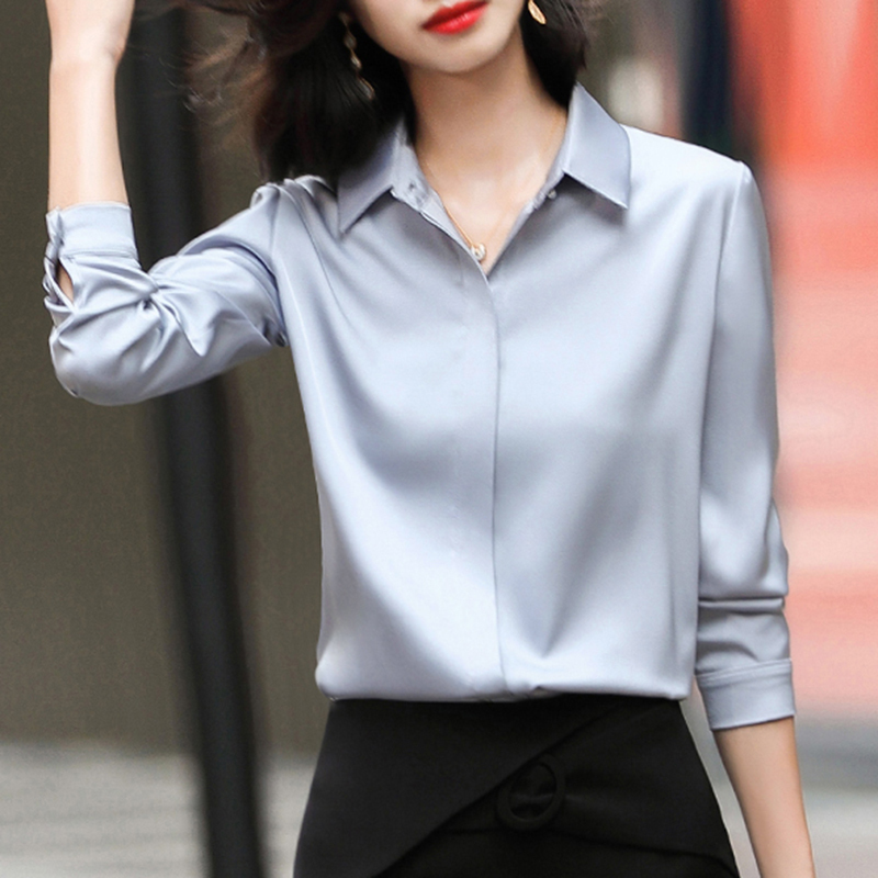 Satin Gray Shirt for Women, Spring and Autumn 2026 New Style, Fashionable and Slimming, Professional Long-Sleeve Blouse
